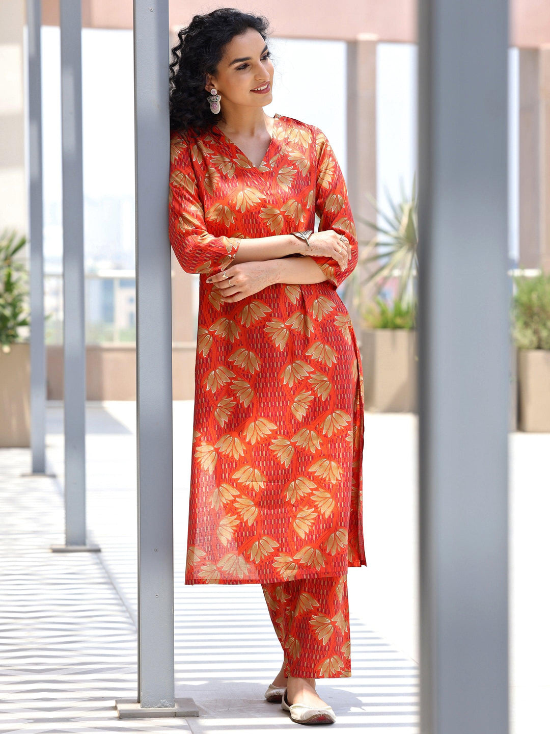 Orange Printed Silk Blend Co-Ords - Libas