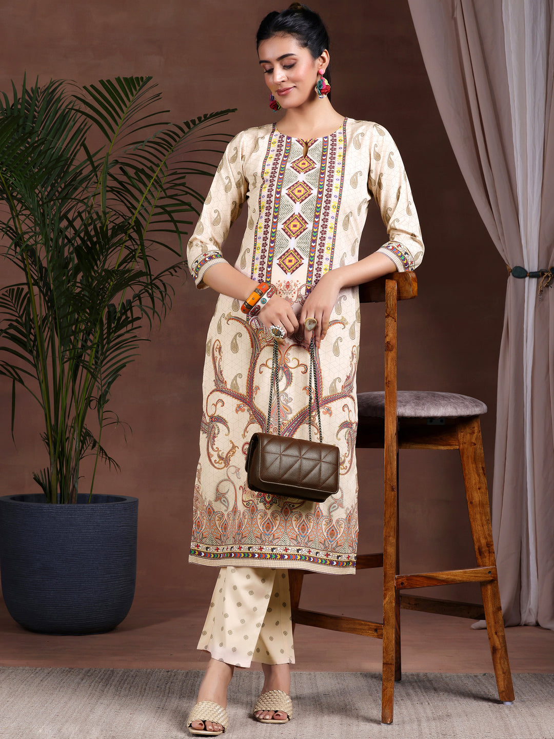 Beige Printed Poly Crepe Straight Kurta Set