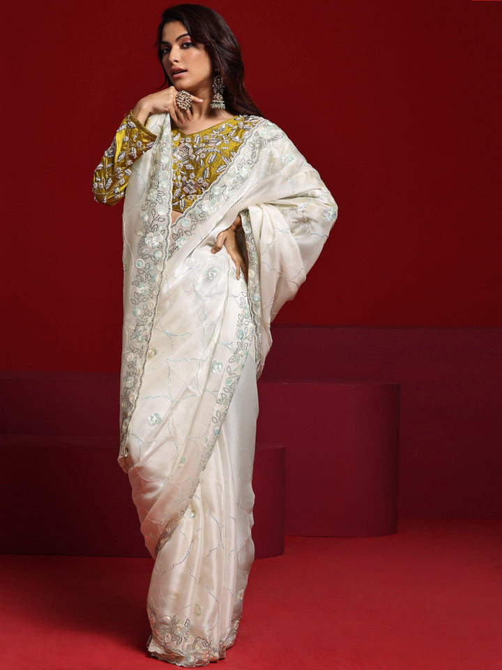 Libas Art Off White Embellished Tissue Saree With Unstitched Blouse Piece - Libas