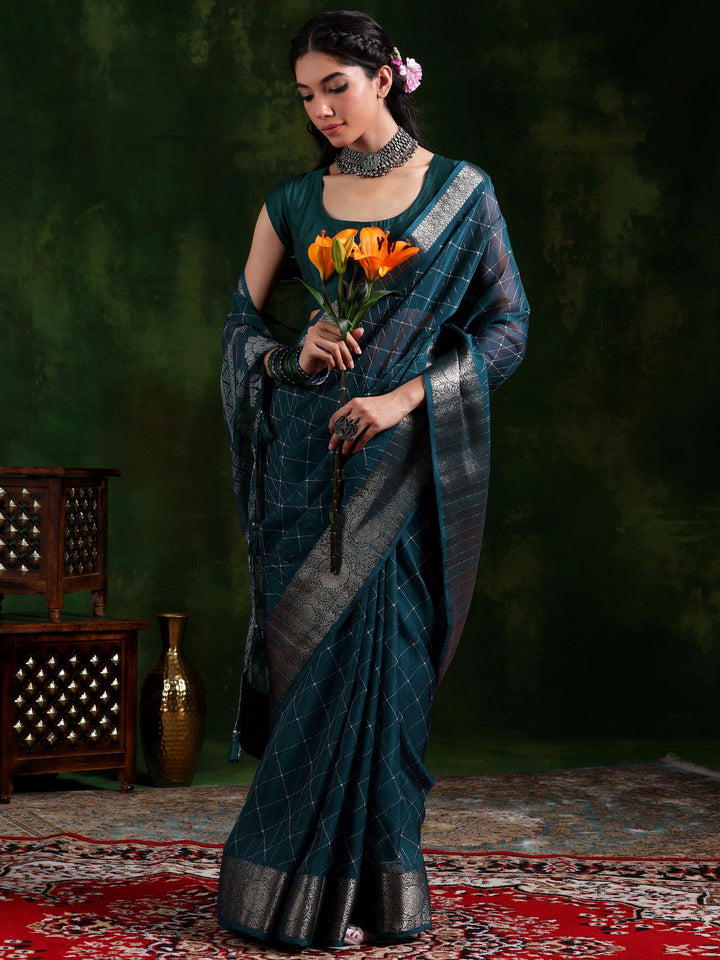 Blue Printed Silk Blend Saree With Unstitched Blouse Piece - Libas