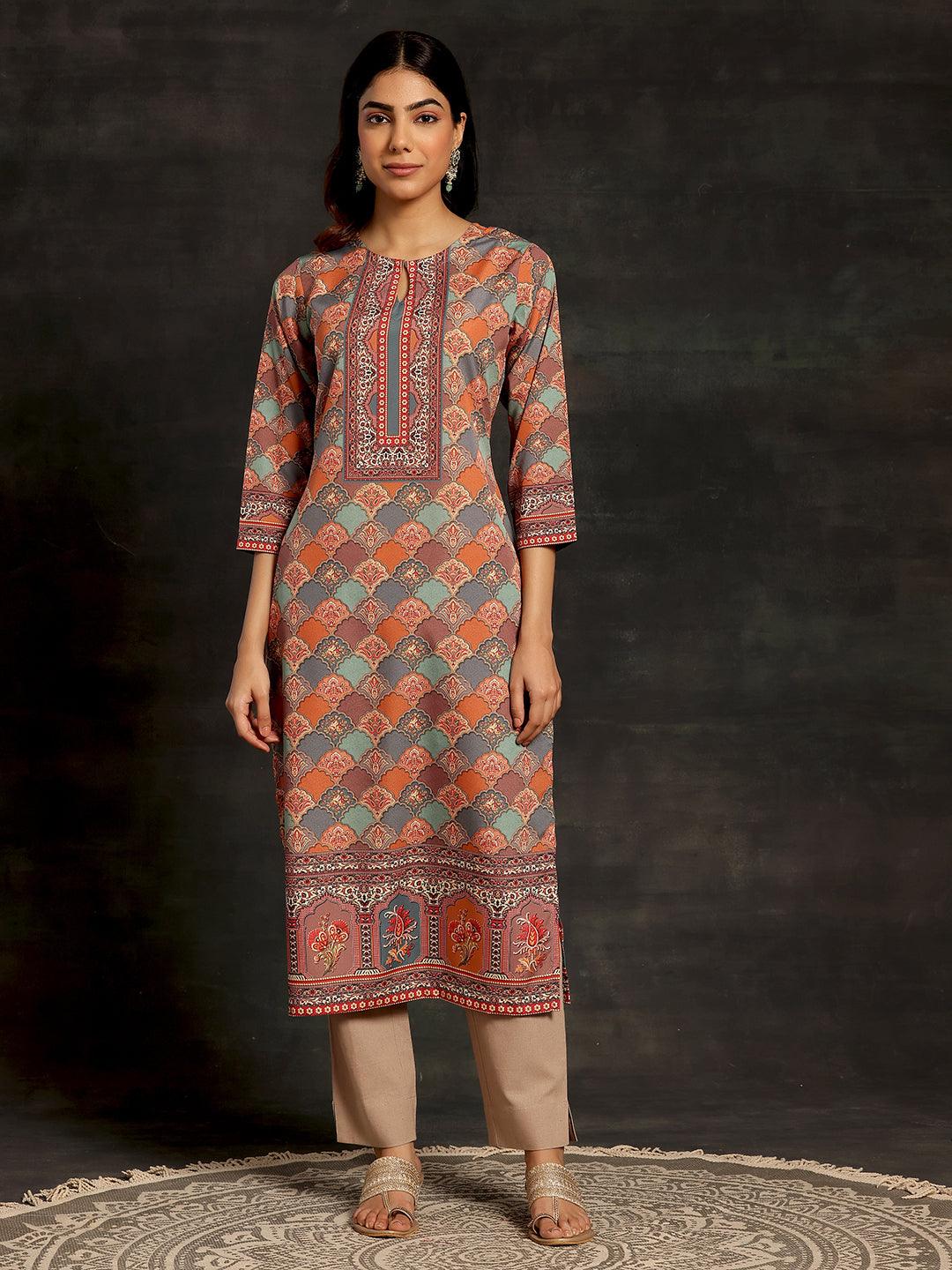 Multicoloured Printed Crepe Straight Kurta - Libas