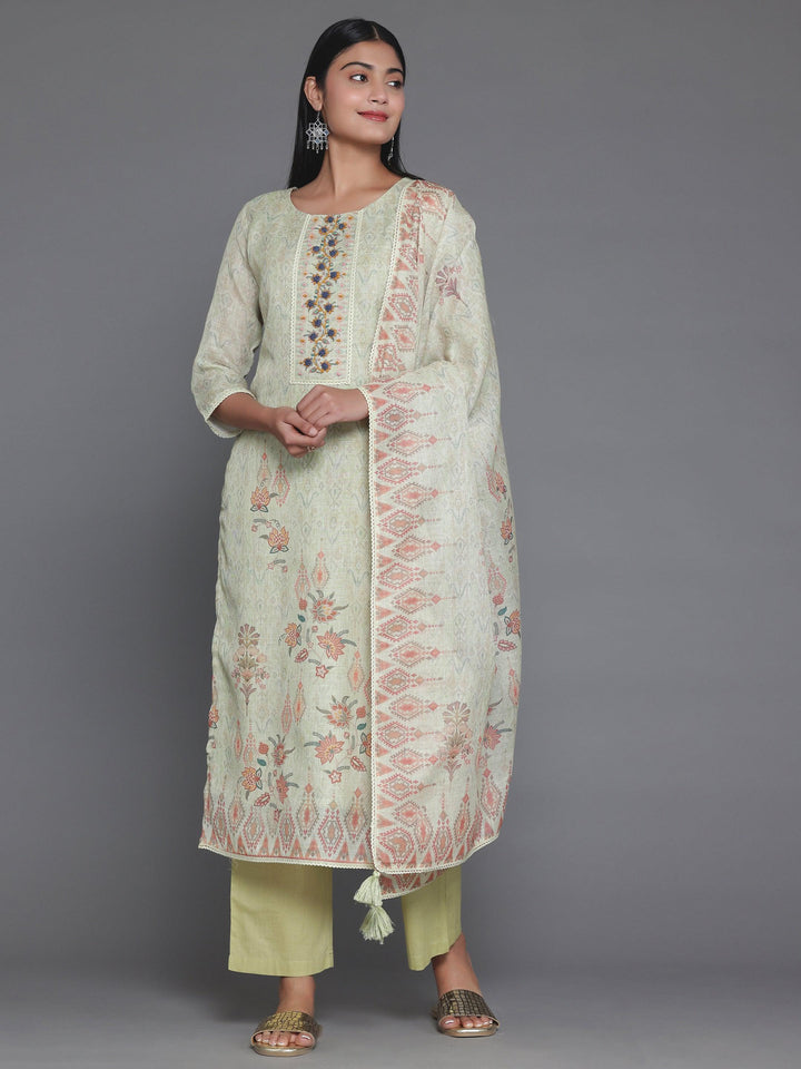 Green Printed Cotton Straight Suit With Dupatta - Libas