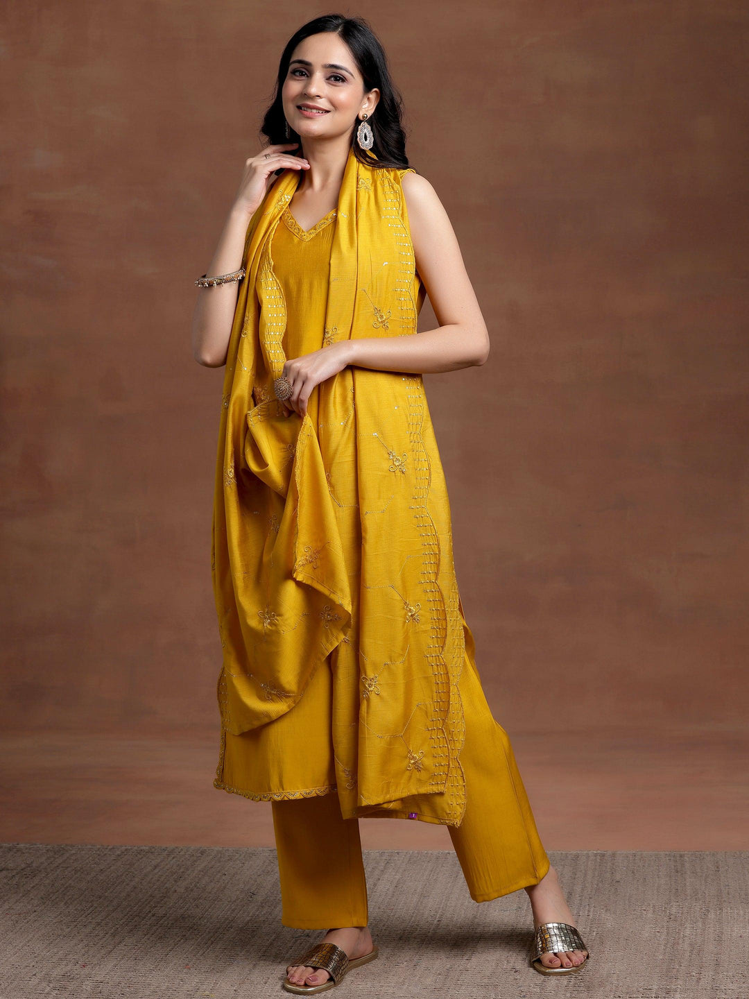 Mustard Solid Silk Blend Straight Suit With Dupatta - Libas