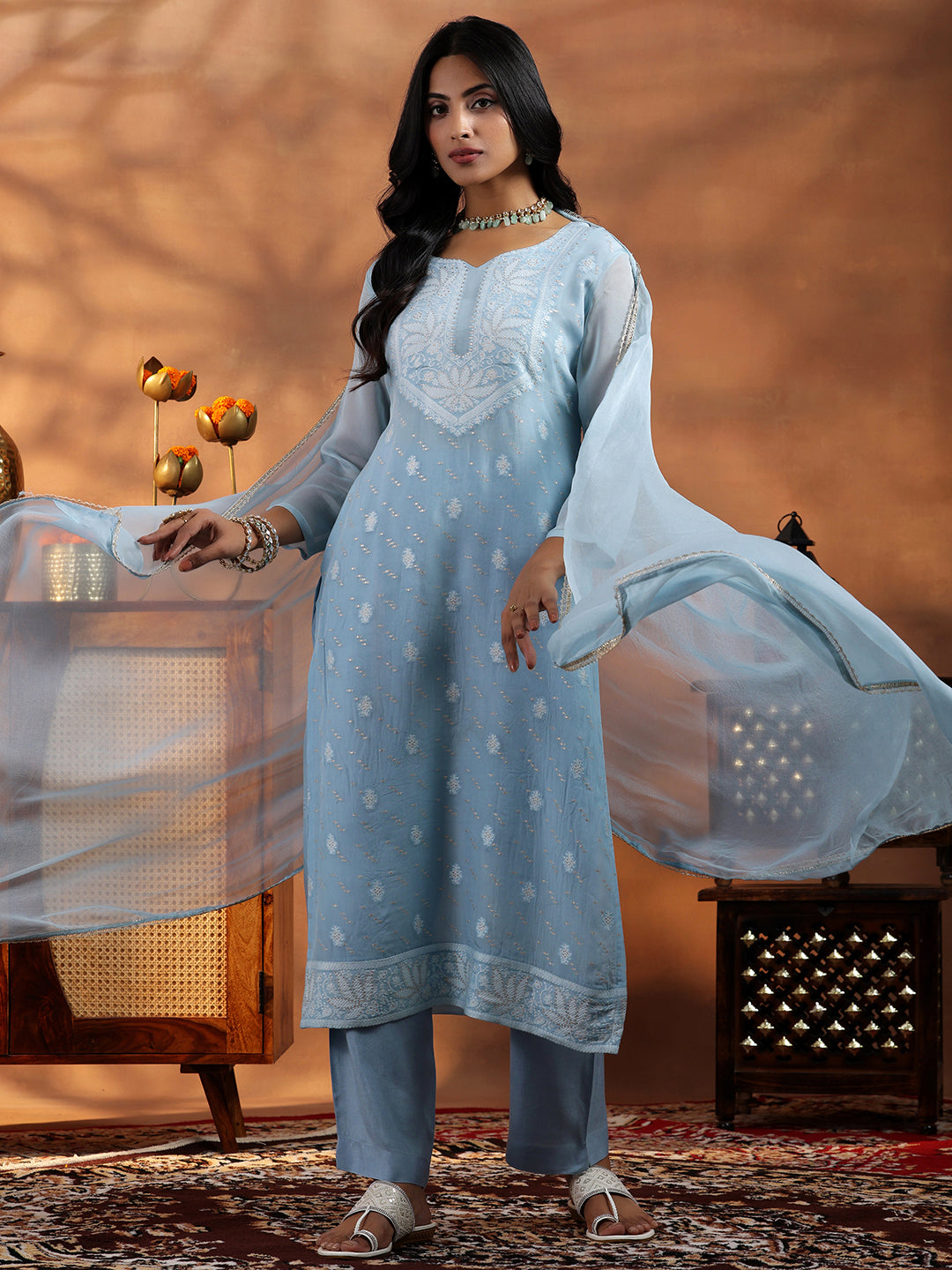 Blue Embroidered Organza Straight Suit With Dupatta