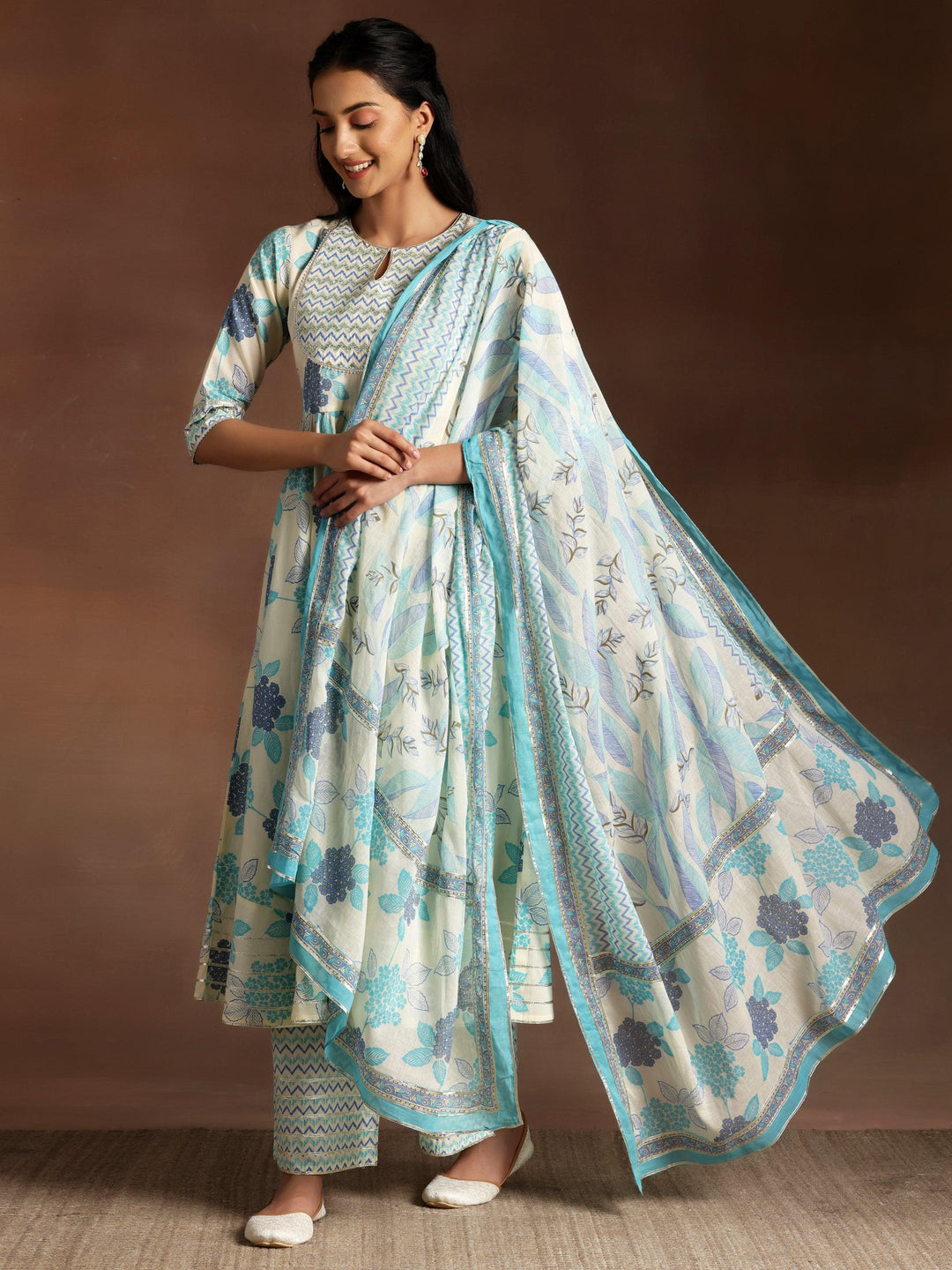 Turquoise Printed Cotton Anarkali Suit With Dupatta - Libas 