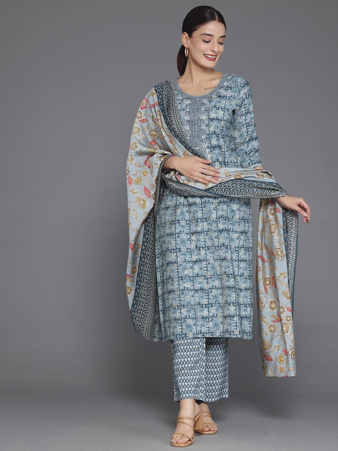 Grey Printed Silk Blend Straight Suit With Dupatta - Libas 