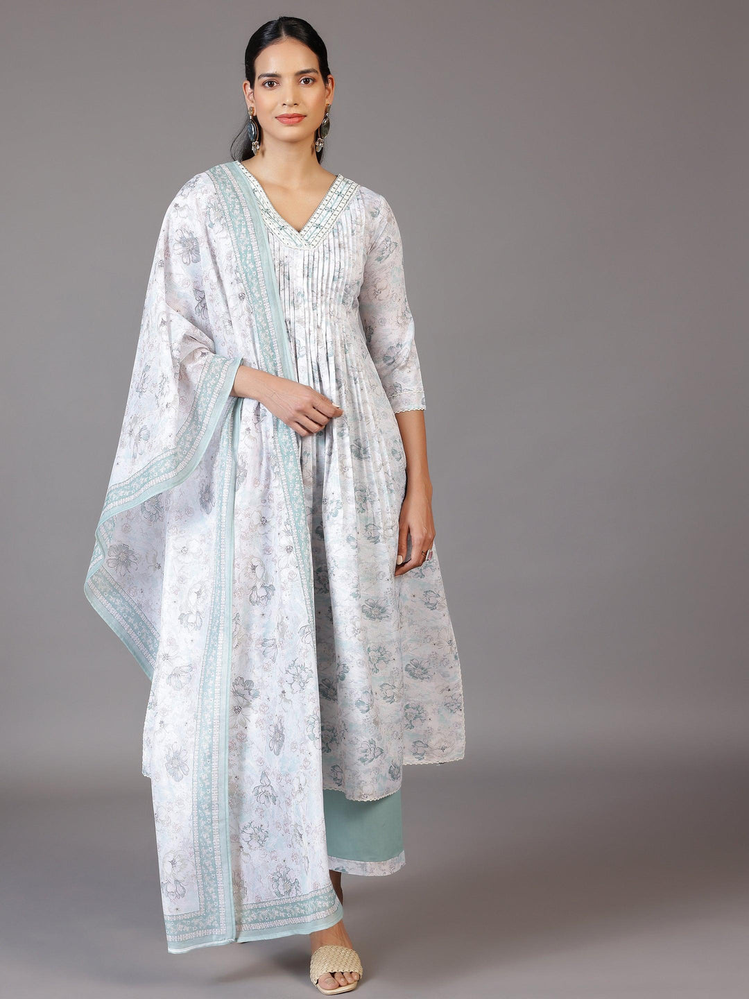 Off White Printed Cotton Blend A-Line Kurta With Palazzos & Dupatta - Libas 