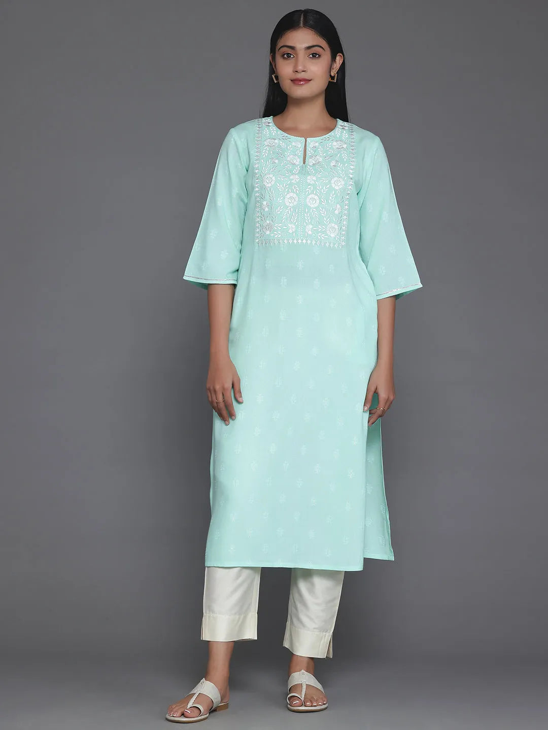 Light Blue Yoke Design Rayon Straight Kurta