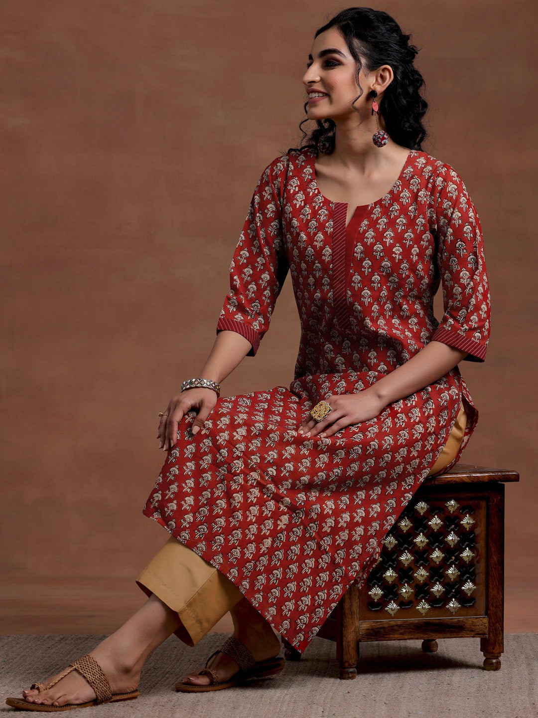 Maroon Printed Cotton Straight Kurta - Libas