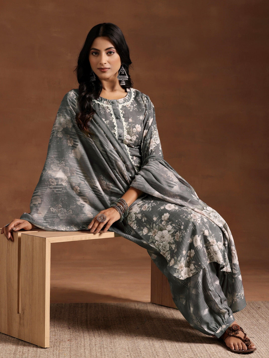 Grey Printed Cotton Straight Suit With Dupatta - Libas 