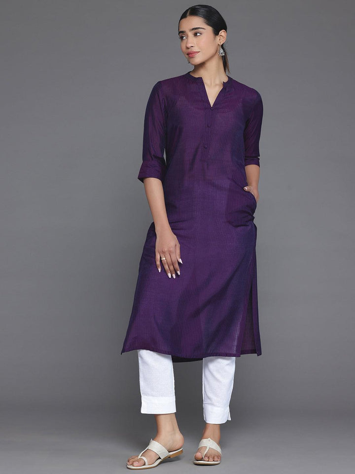 Purple Woven Design Silk Straight Kurta - Libas