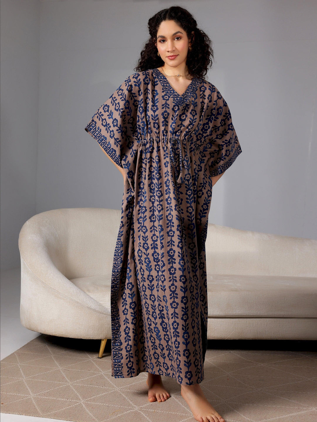 Blue Printed Cotton Kaftan Night Dress - Libas 