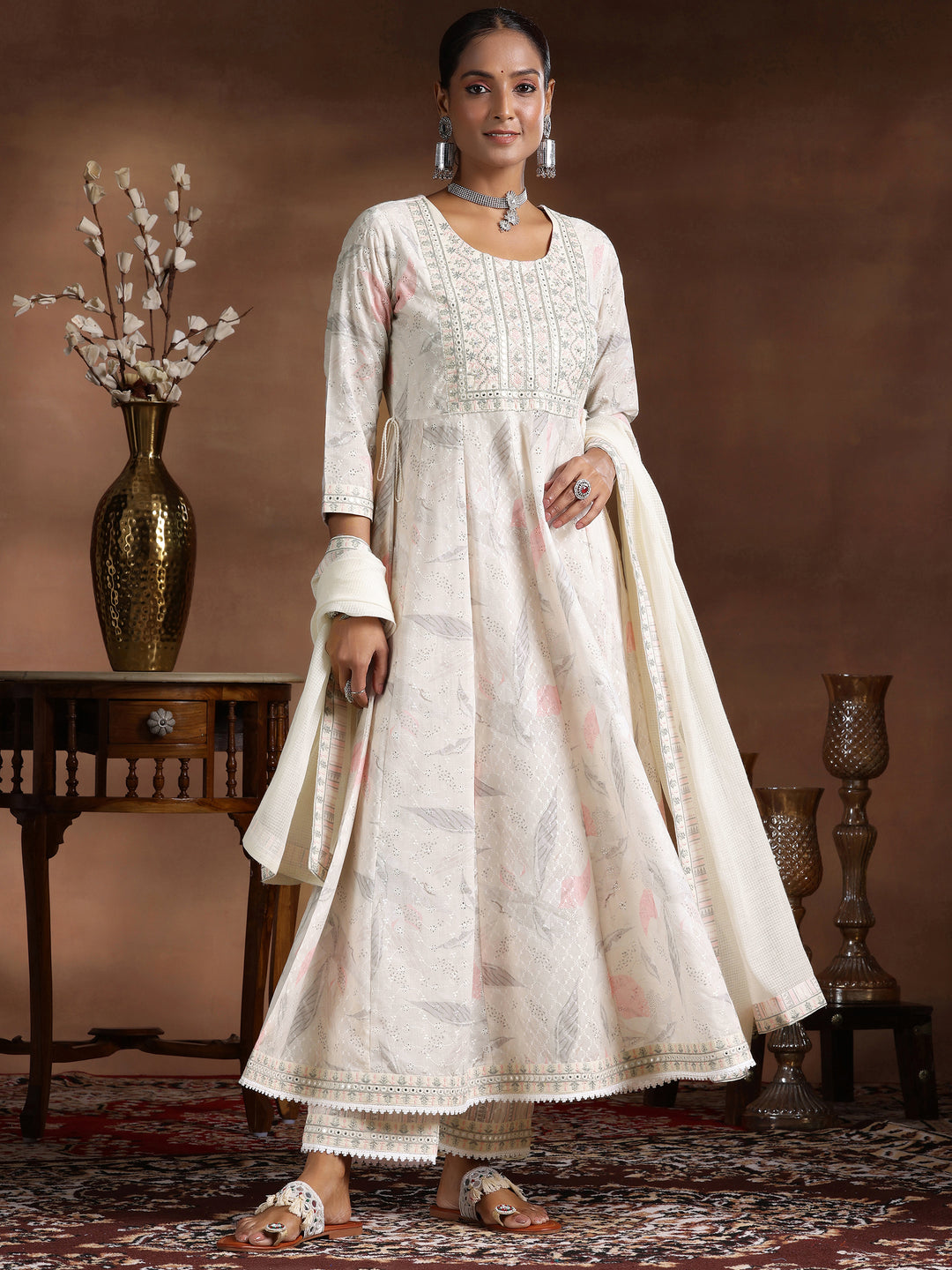  Off White Embroidered Cotton A-line Kurta  With Trousers & Dupatta 