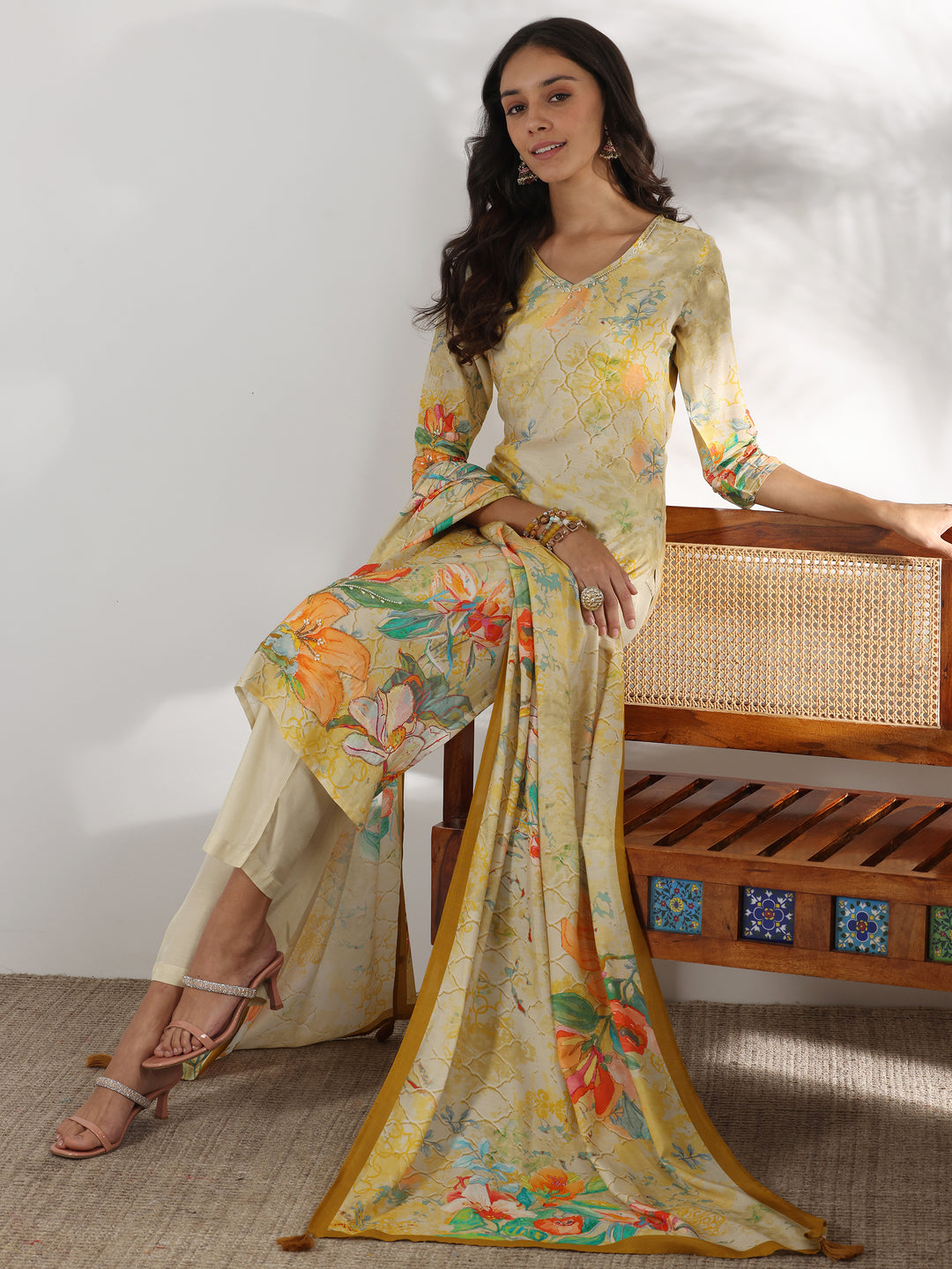  Beige Printed Silk Blend Straight Suit With Dupatta 