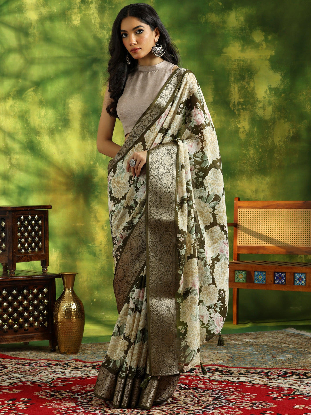 Olive Printed Silk Blend Saree With Unstitched Blouse Piece - Libas 