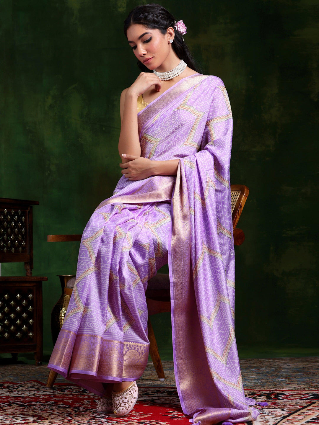 Lavender Printed Silk Blend Saree With Unstitched Blouse Piece - Libas