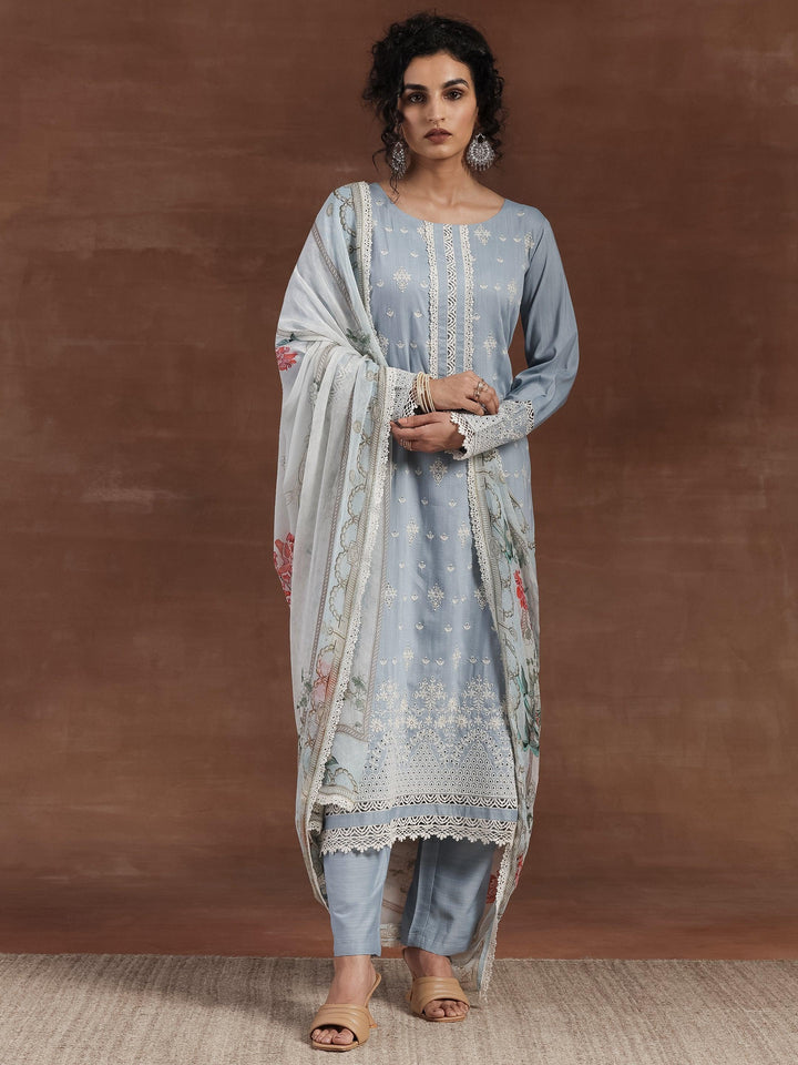 Blue Embroidered Silk Blend Straight Suit With Dupatta - Libas