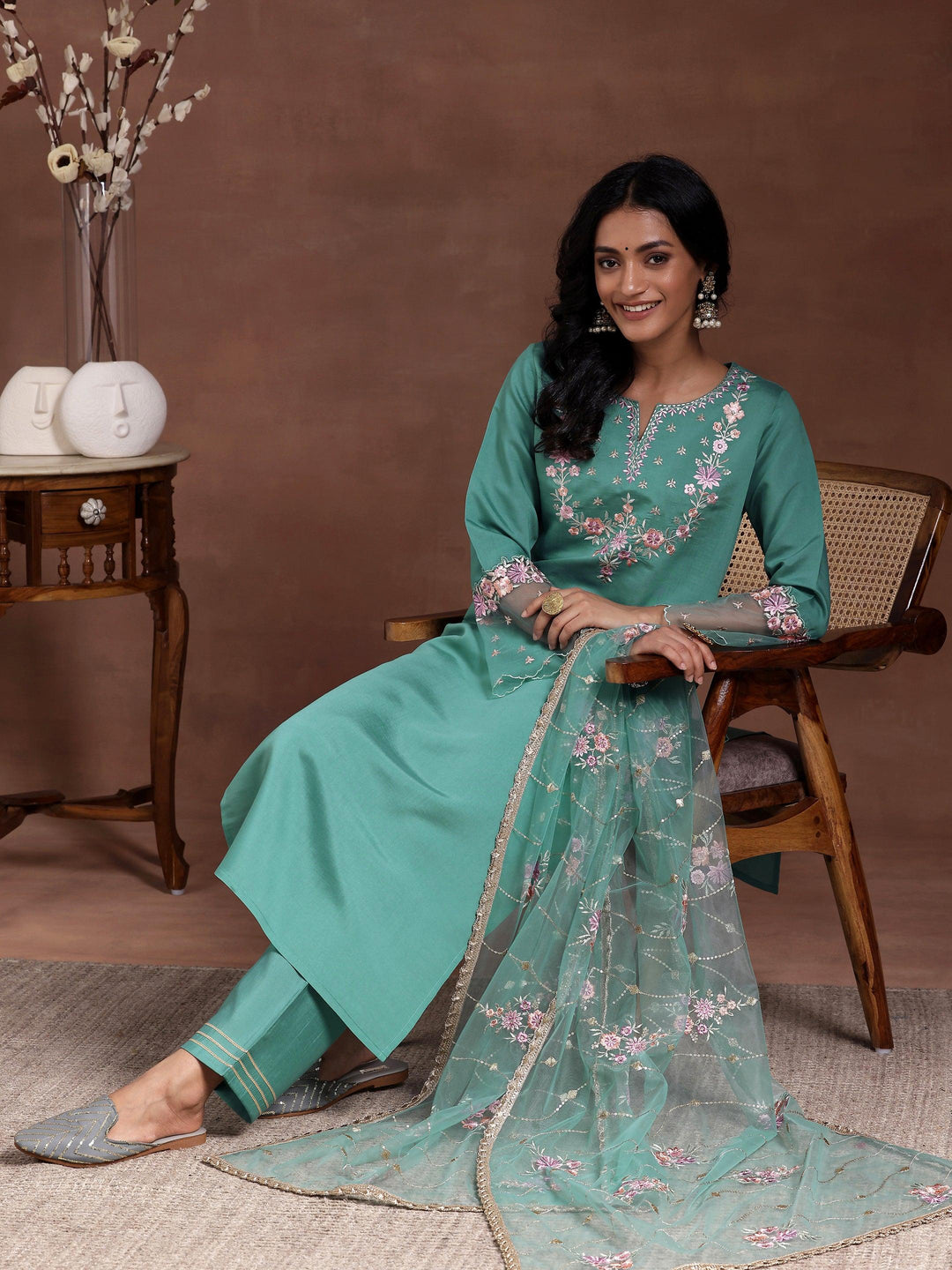 Green Yoke Design Silk Blend Straight Suit With Dupatta - Libas 