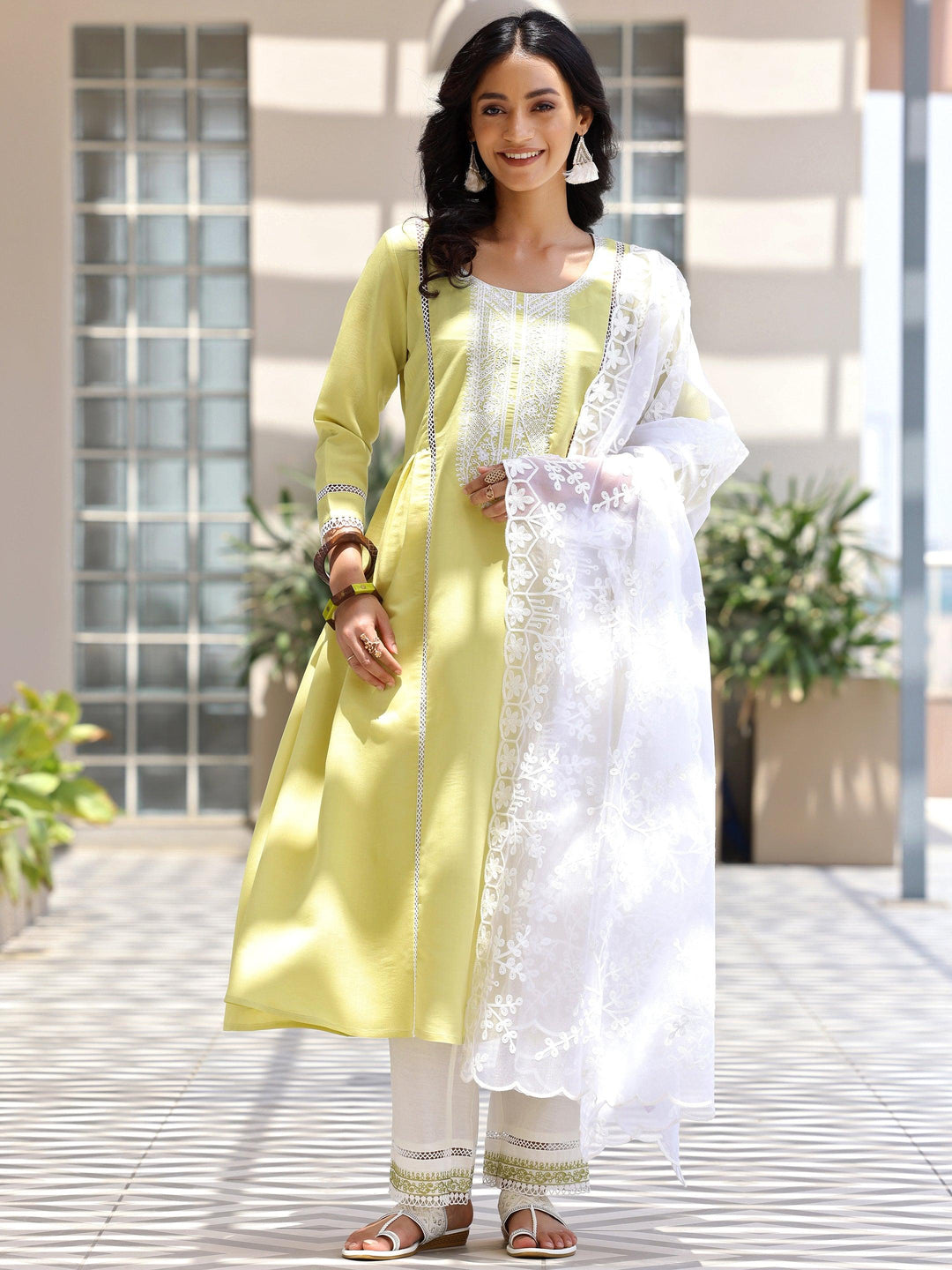 Green Embroidered Silk Blend A-Line Kurta With Trousers & Dupatta - Libas 