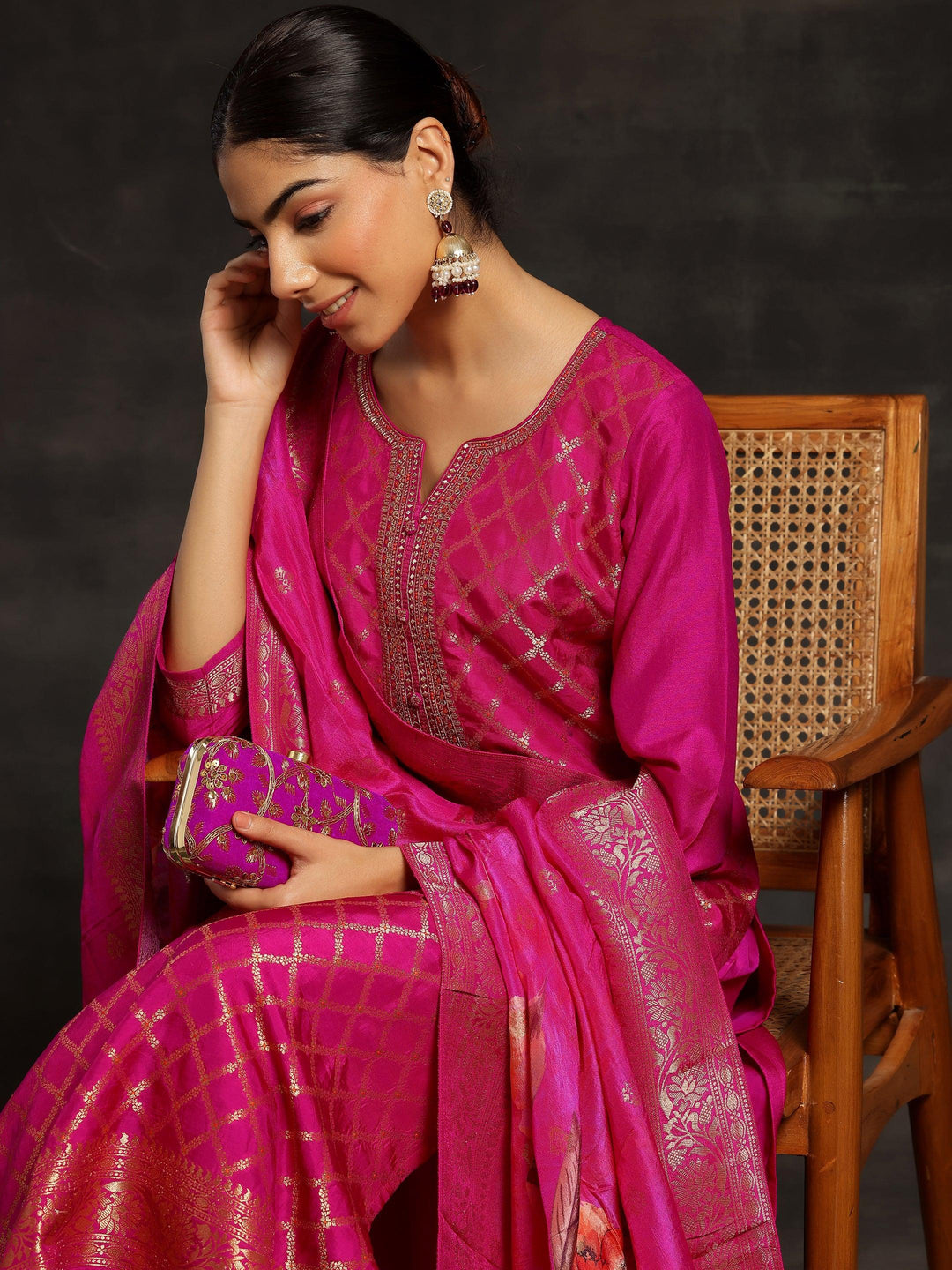 Pink Woven Design Silk Blend Straight Suit With Dupatta - Libas