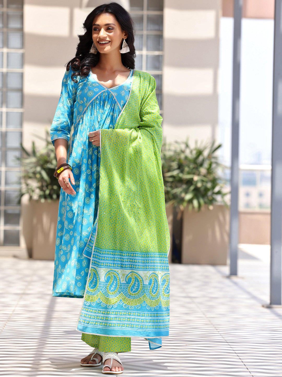 Blue Printed Cotton A-Line Kurta With Palazzos & Dupatta - Libas 