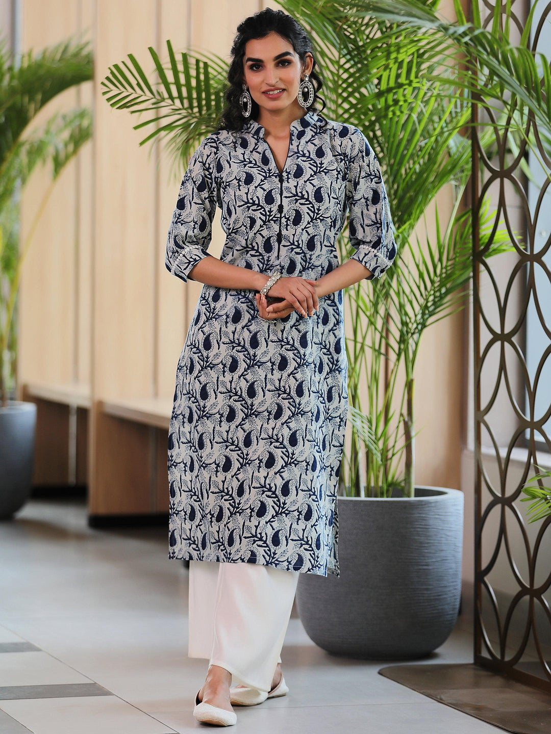 Blue Printed Cotton Straight Kurta - Libas 