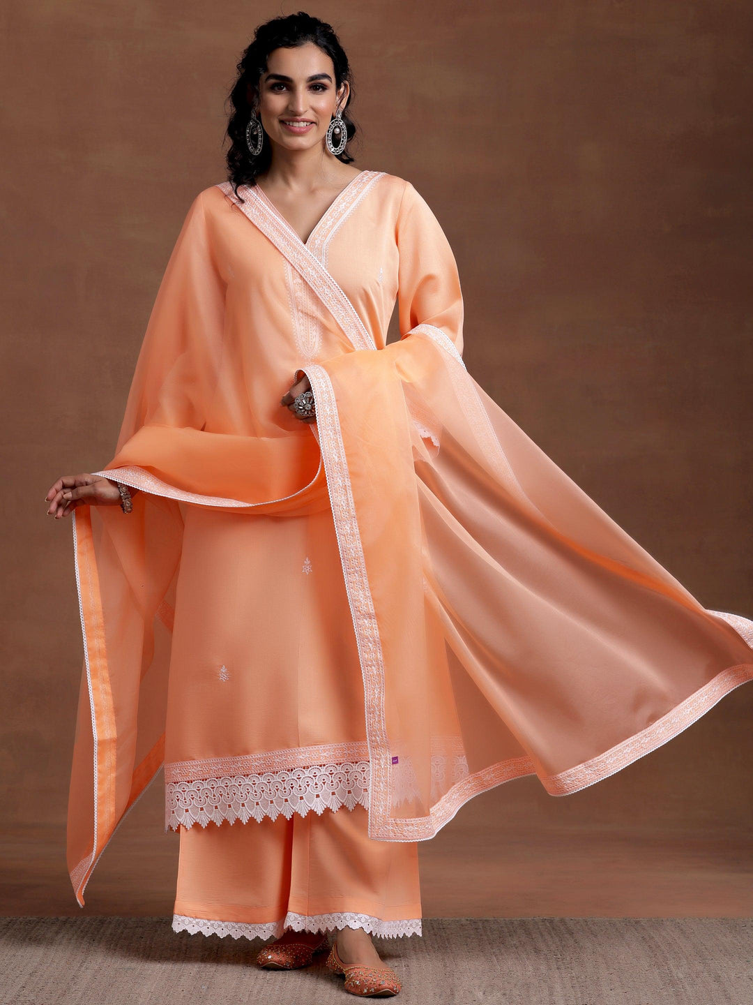 Peach Embroidered Silk Blend A-Line Kurta With Palazzos & Dupatta - Libas