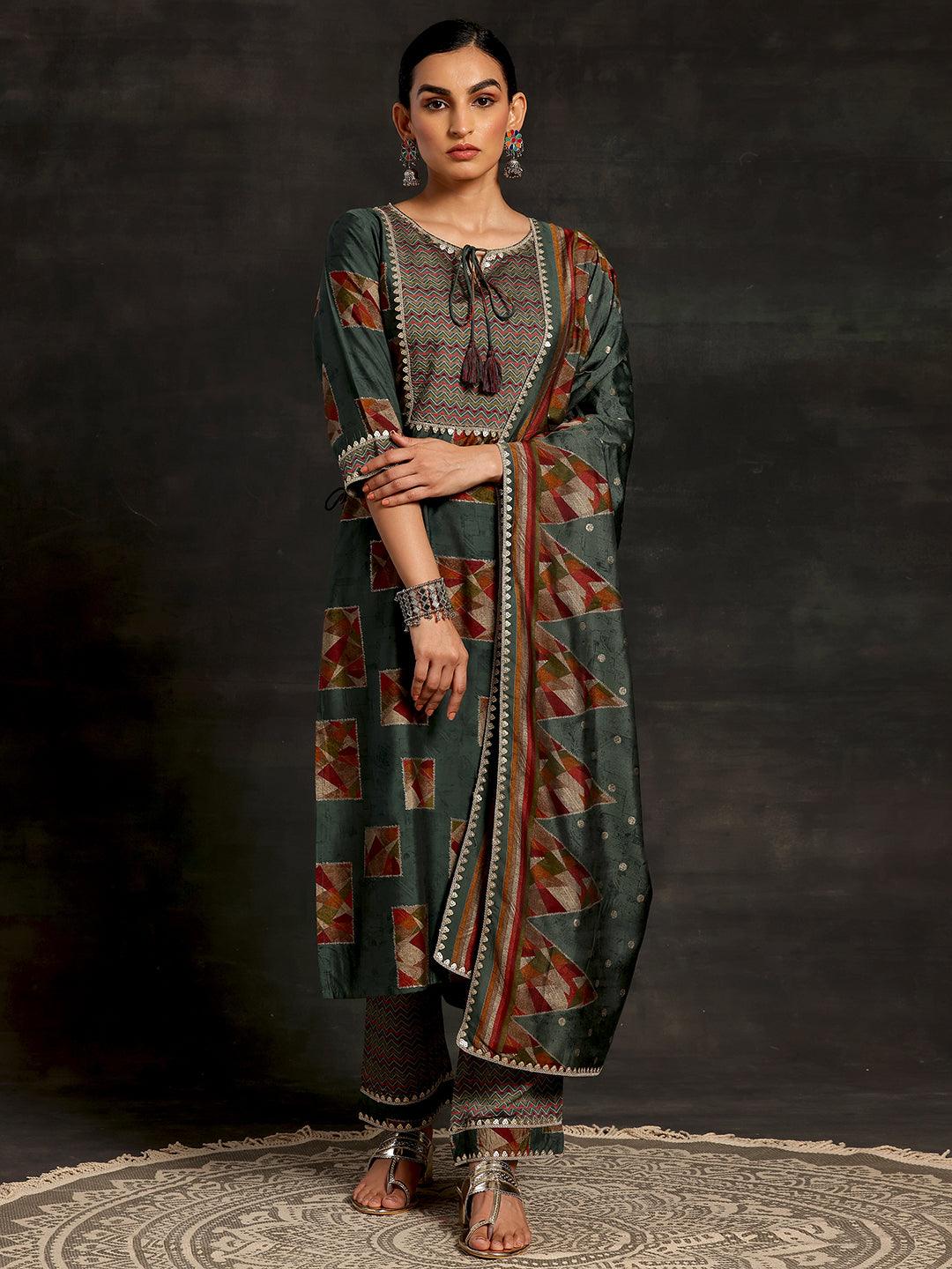 Green Printed Silk Blend Straight Suit With Dupatta - Libas