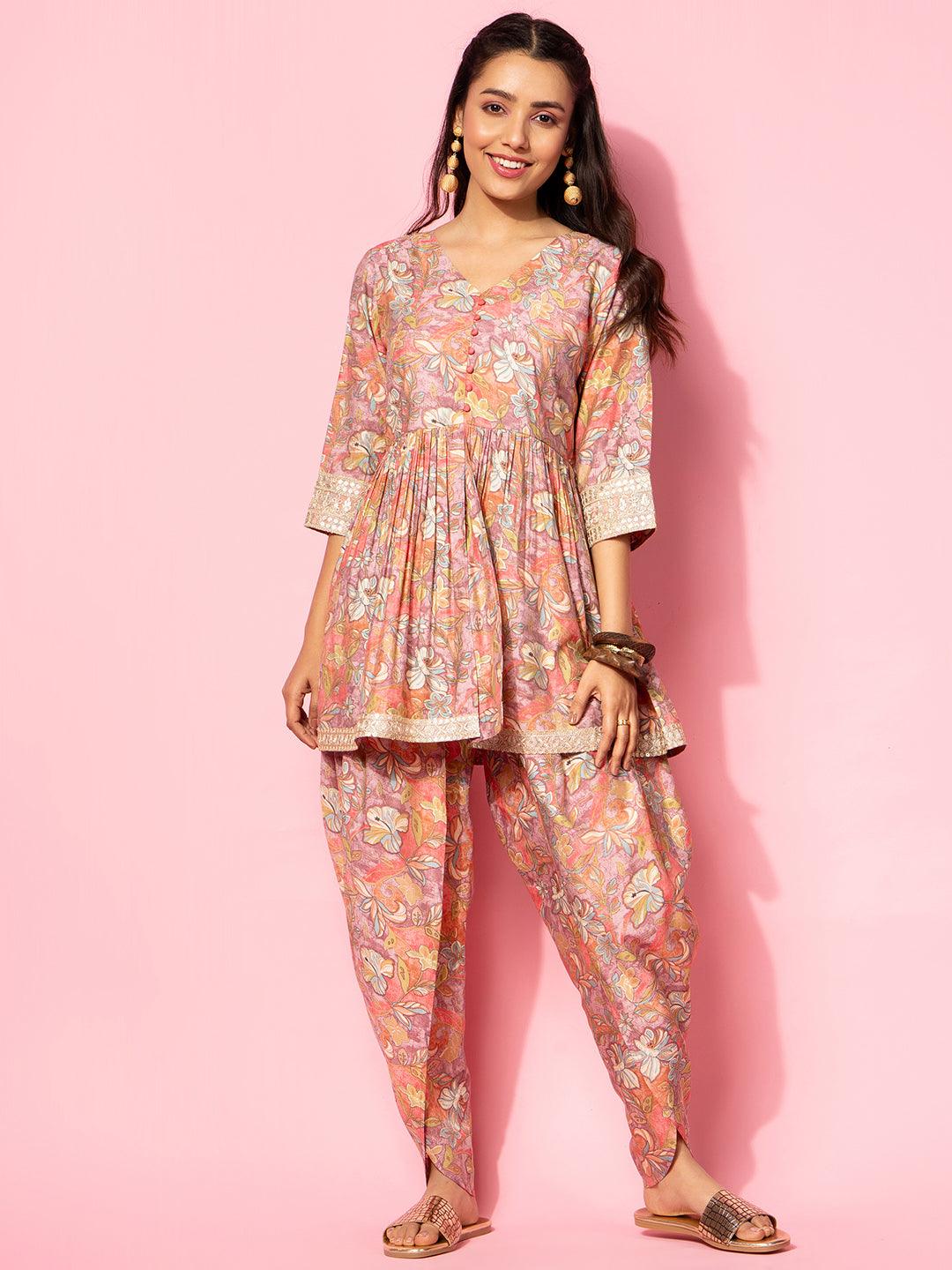 Peach Printed Silk Blend Co-Ords - Libas 