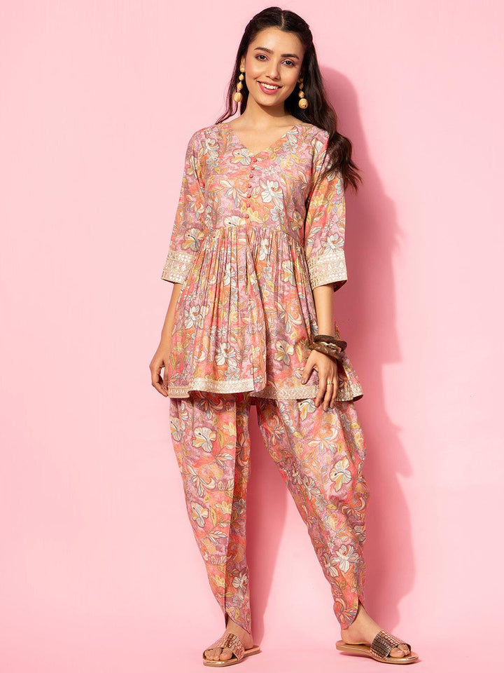 Peach Printed Silk Blend Co-Ords - Libas