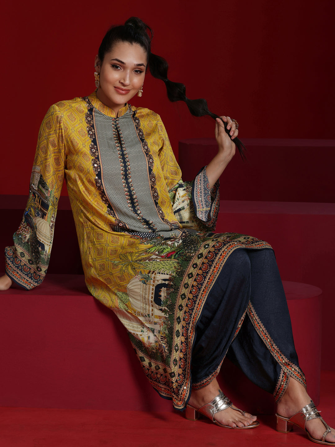  Libas Art Mustard Printed Silk Blend Straight Kurta With Dhoti Pants 