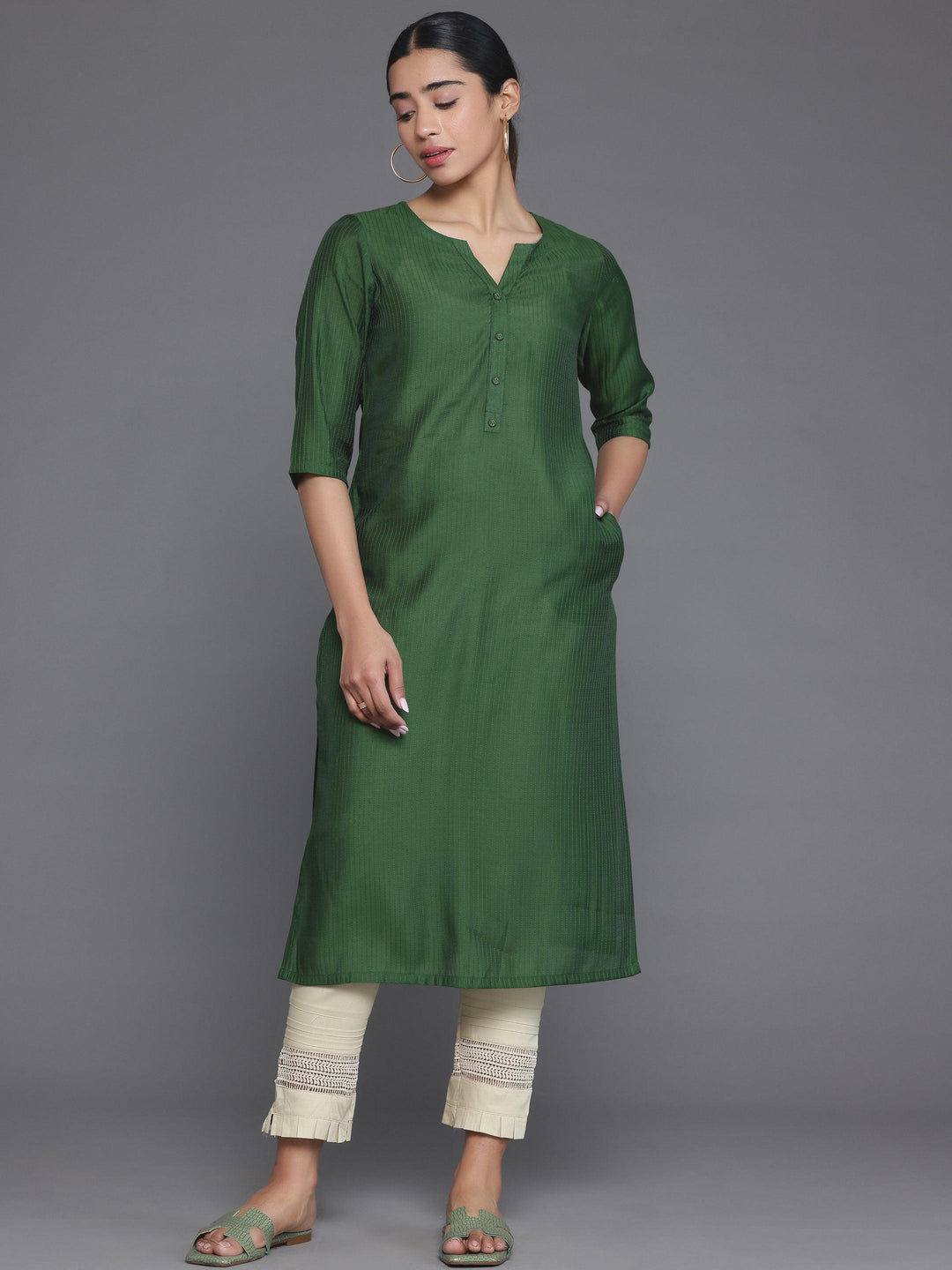 Green Woven Design Silk Straight Kurta - Libas 