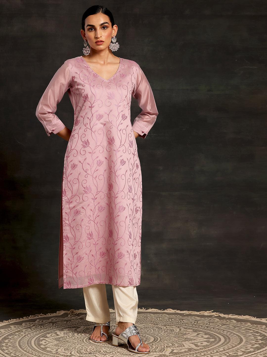 Mauve Embroidered Silk Straight Kurta - Libas