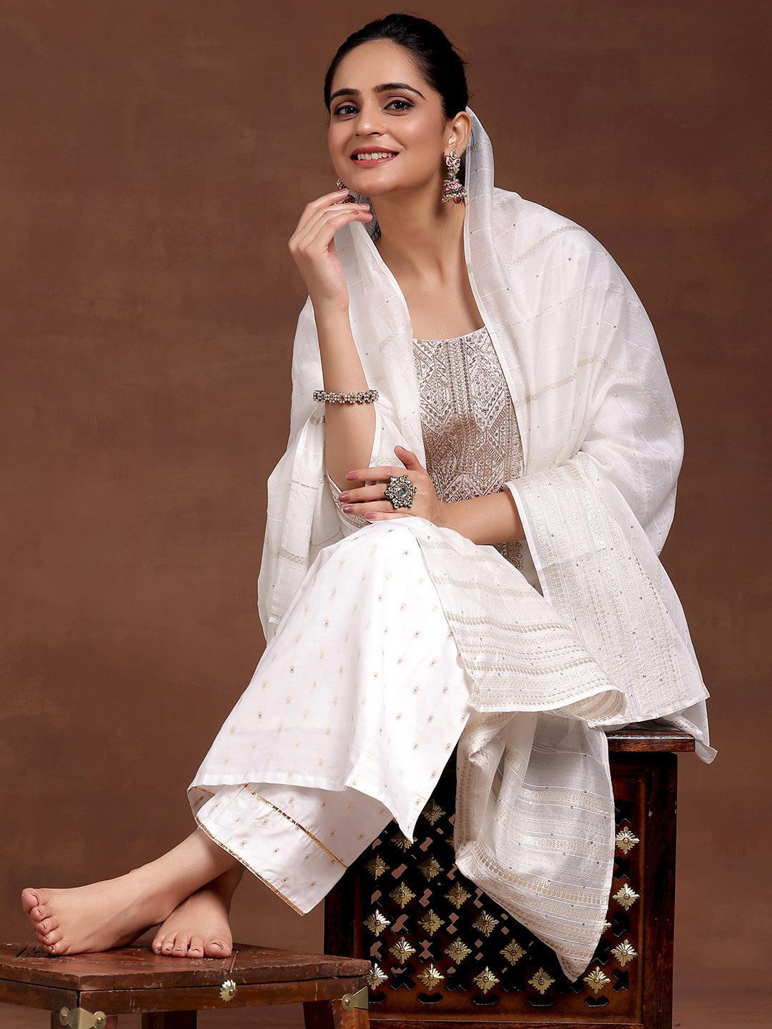 White Yoke Design Silk Blend Straight Suit With Dupatta - Libas 