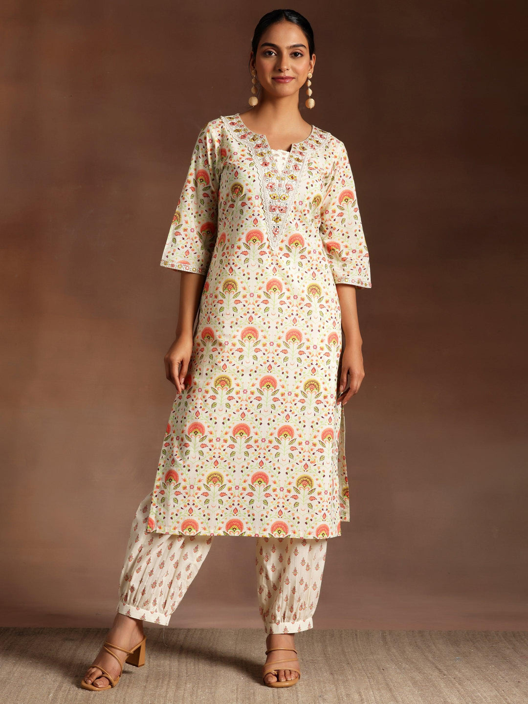 Off White Printed Cotton Straight Kurta Set - Libas