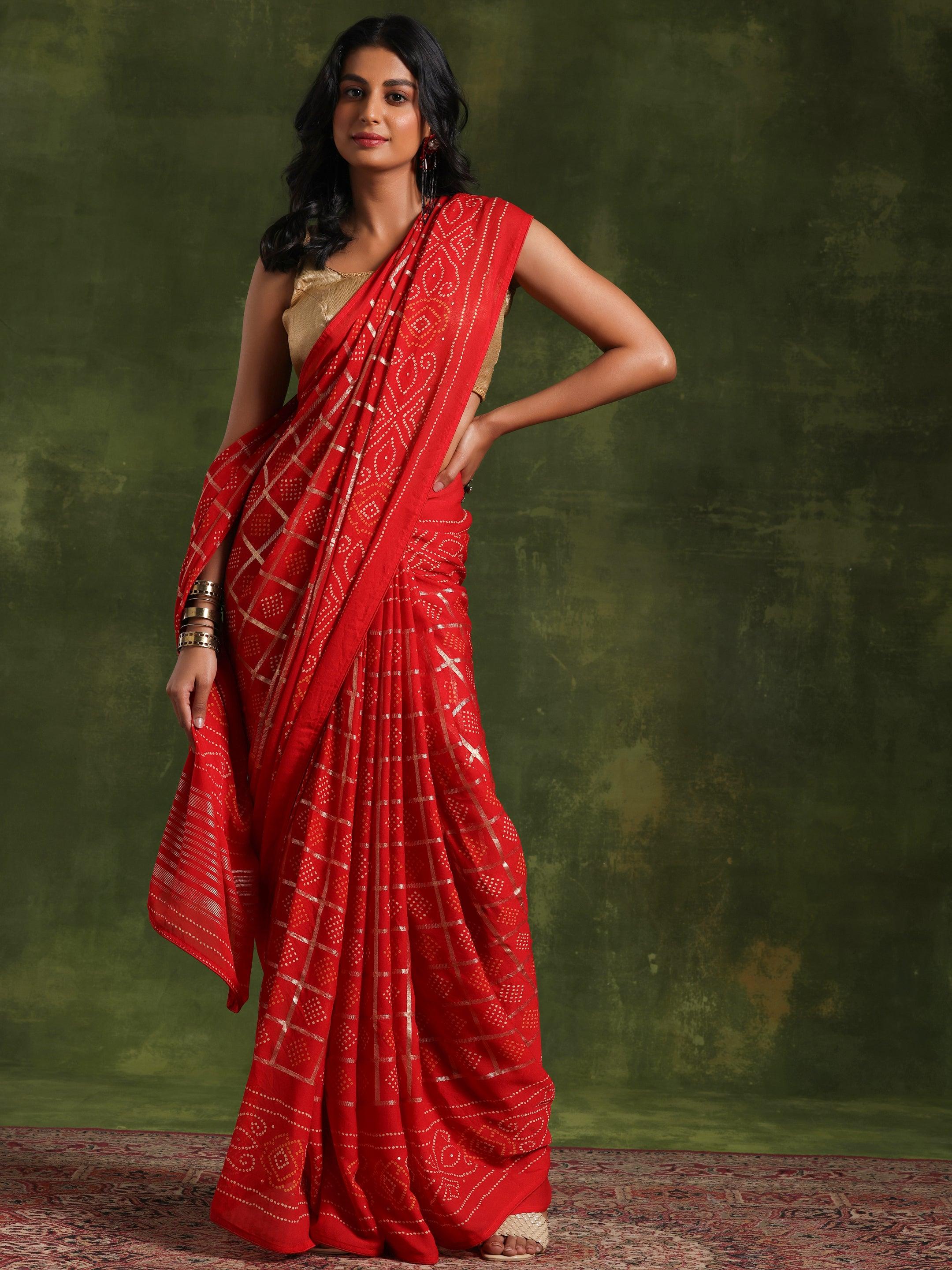 Red Printed Poly Georgette Saree With Unstitched Blouse Piece