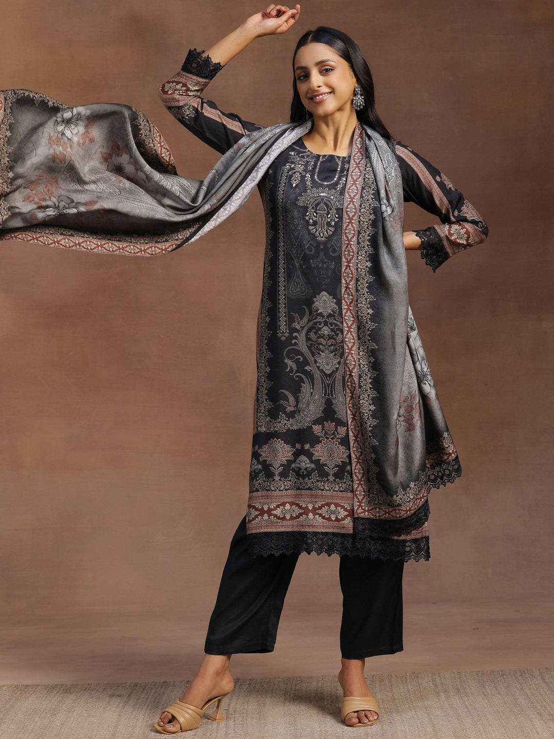 Grey Printed Silk Blend Straight Suit With Dupatta - Libas