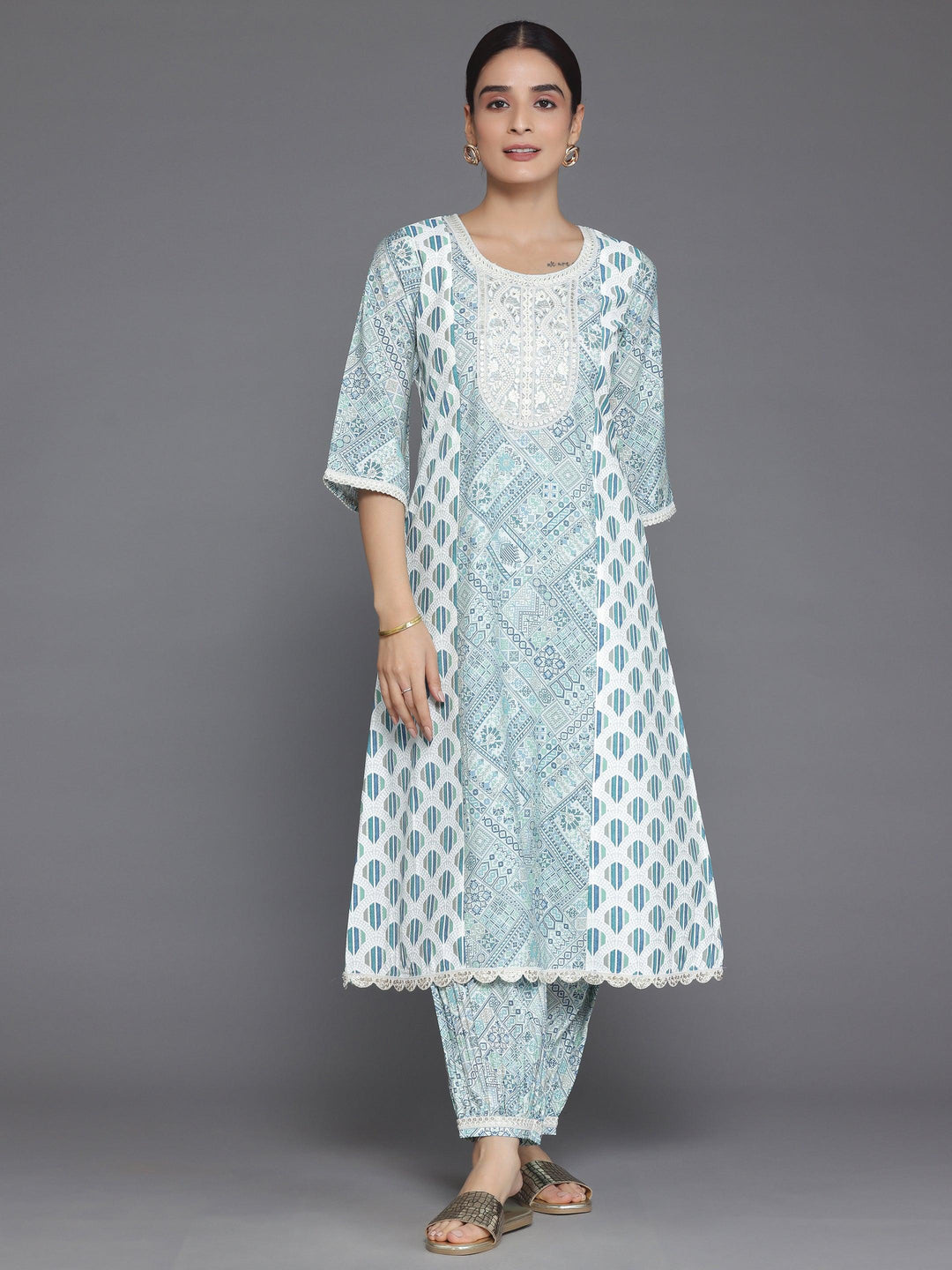 Blue Printed Silk Blend A-Line Kurta With Salwar - Libas 