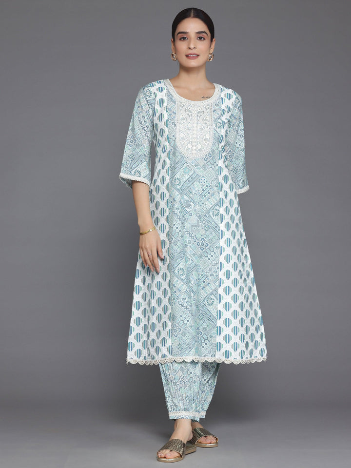 Blue Printed Silk Blend A-Line Kurta With Salwar - Libas