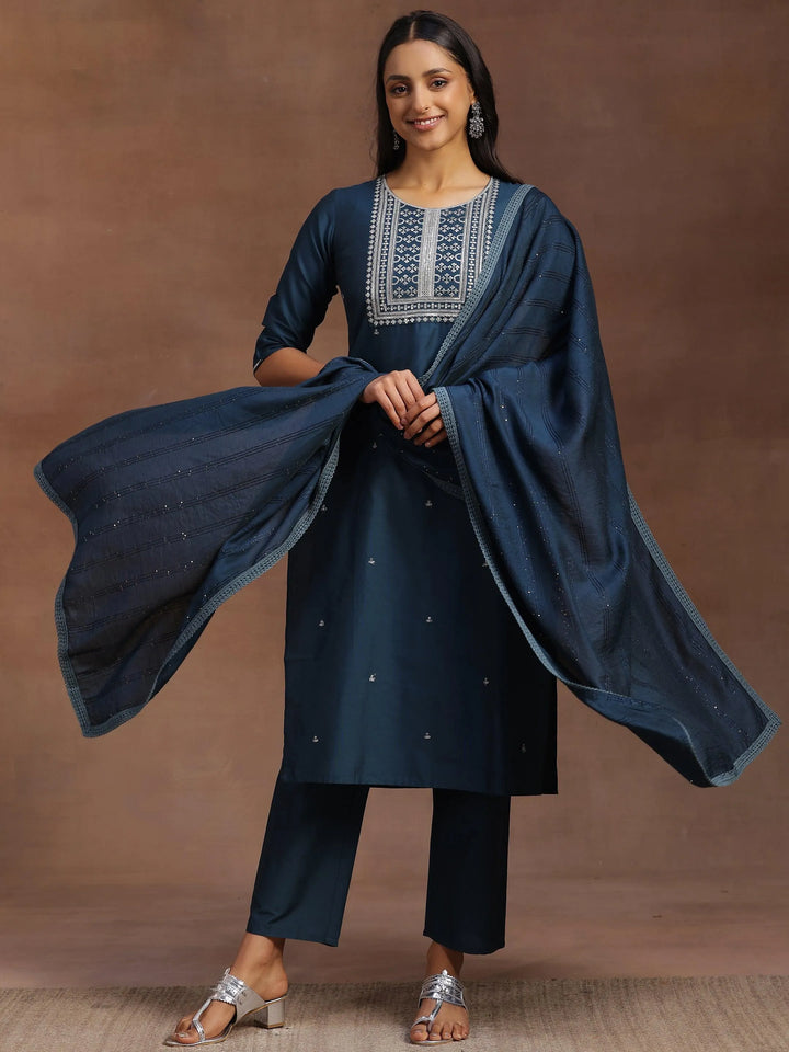 Blue Yoke Design Silk Blend Straight Suit With Dupatta - Libas