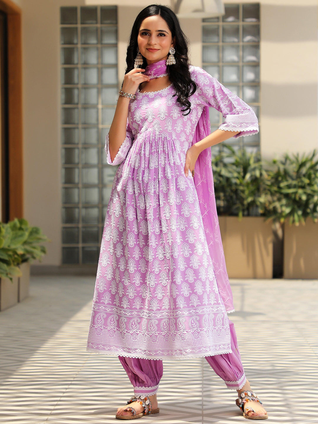 Purple Embroidered Cotton A-Line Kurta With Salwar & Dupatta - Libas 