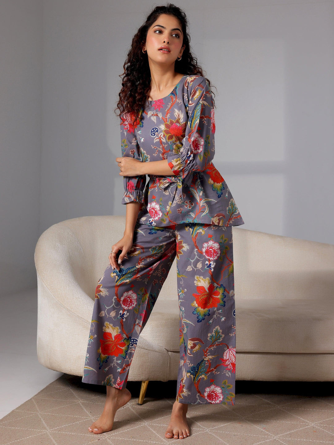 Grey Printed Cotton Night Suits - Libas 