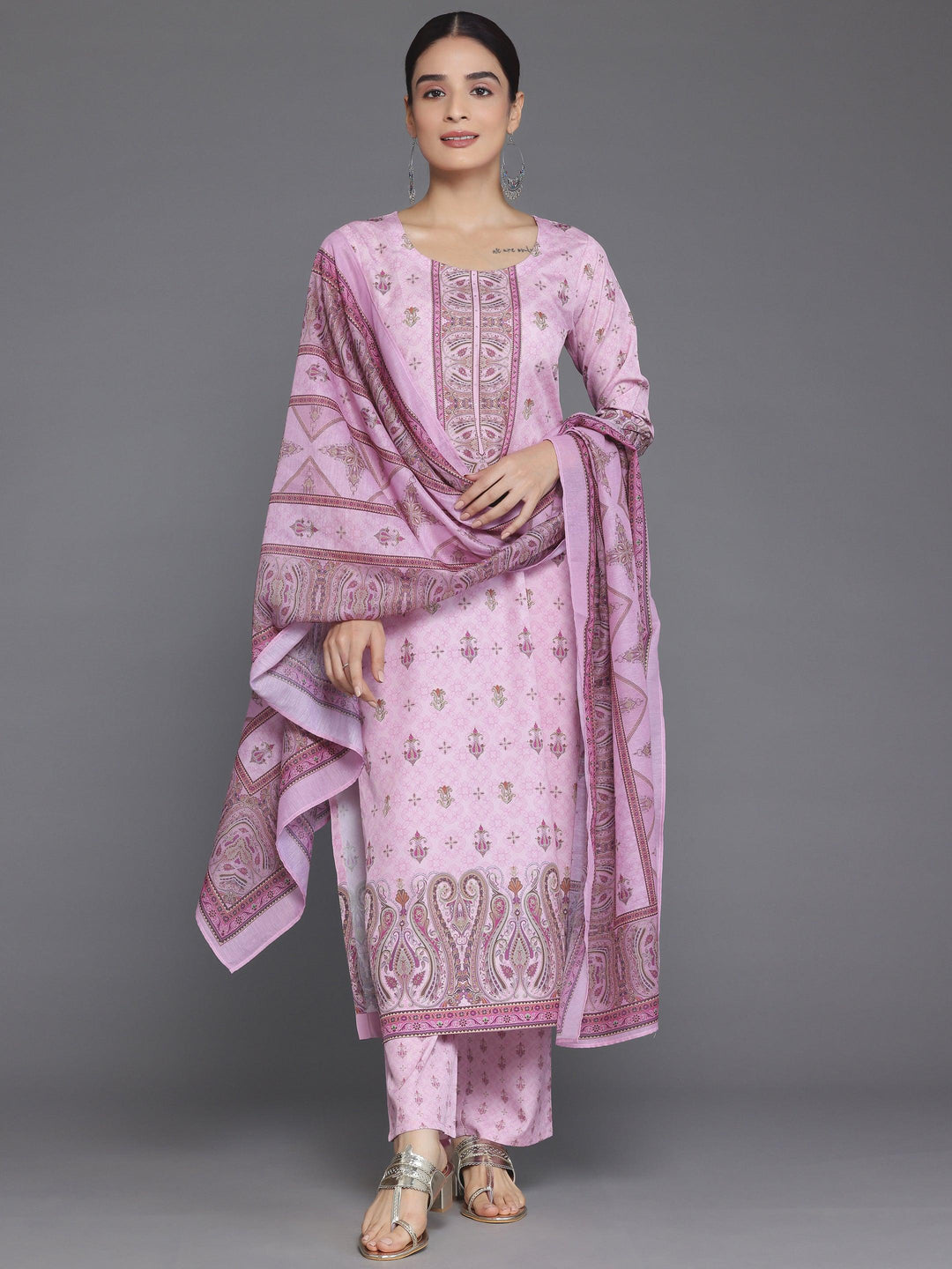 Pink Printed Poly Crepe Straight Suit With Dupatta - Libas