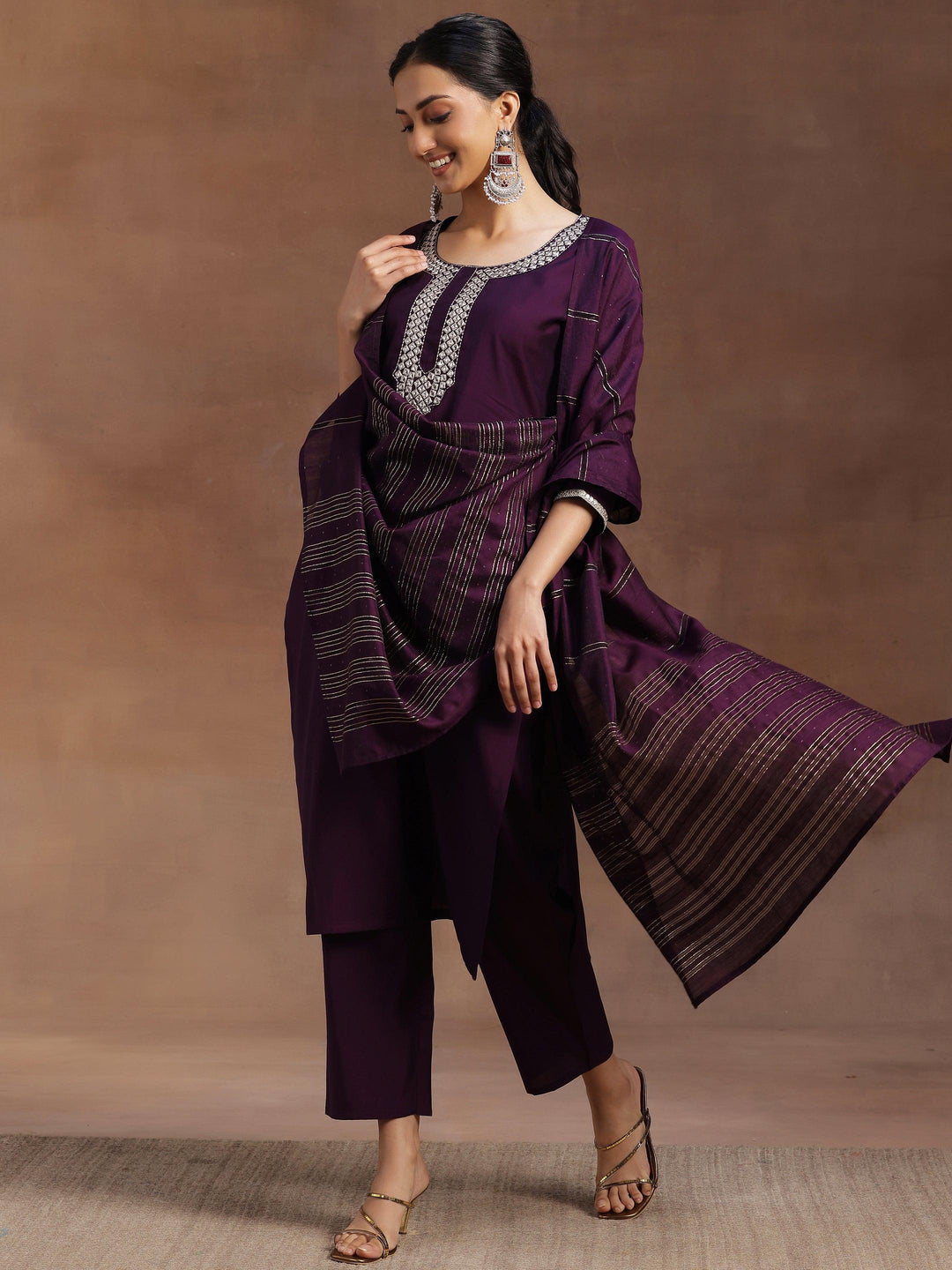 Purple Embroidered Silk Blend Straight Suit With Dupatta - Libas