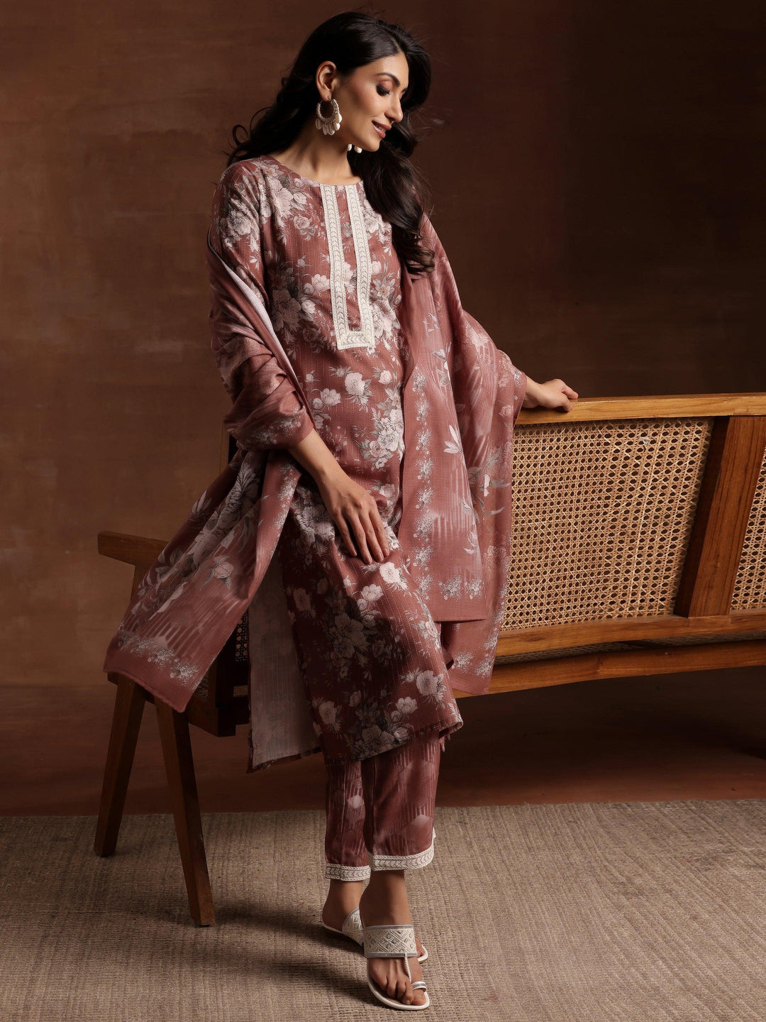 Brown Printed Cotton Straight Suit With Dupatta - Libas 