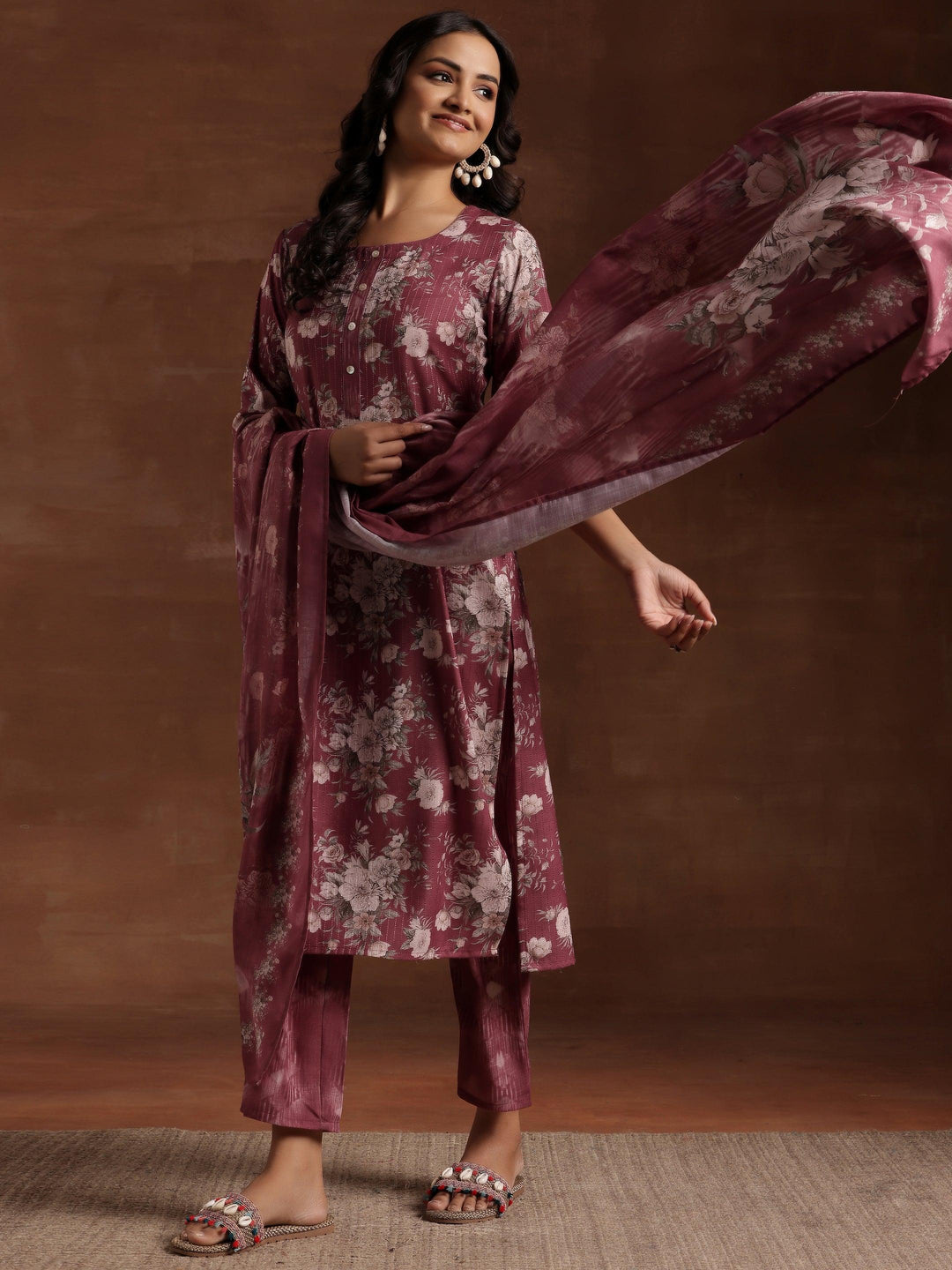 Mauve Printed Cotton Straight Suit With Dupatta - Libas 