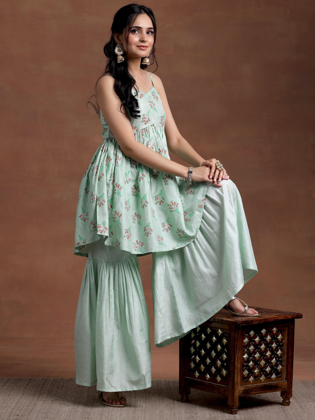 Sea Green Printed Silk Blend A-Line Kurta With Sharara - Libas 