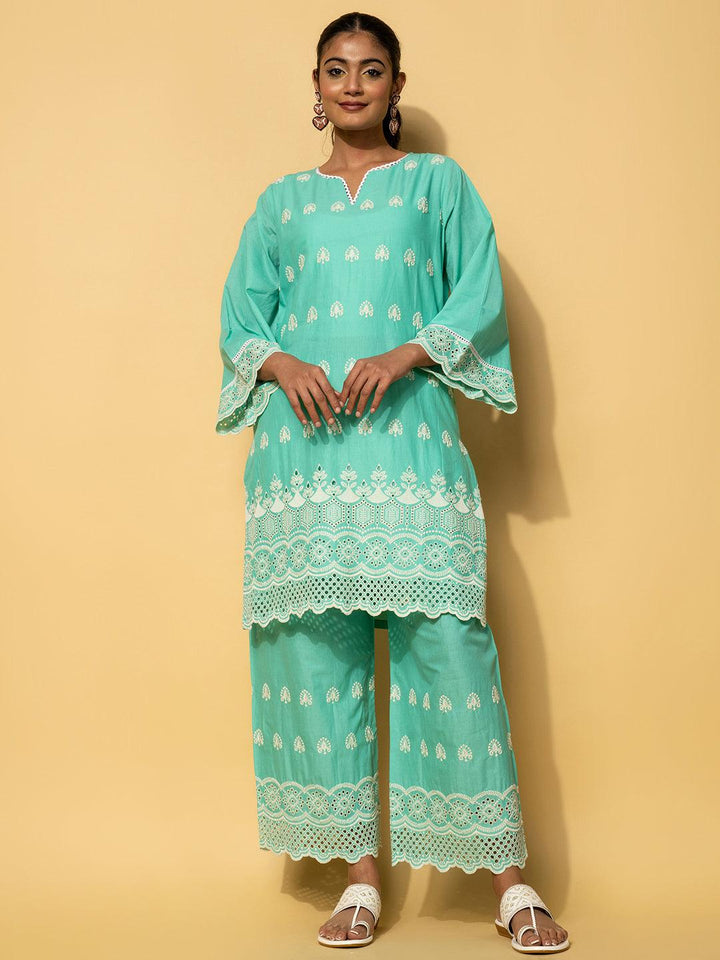 Green Embroidered Cotton Co-Ords - Libas