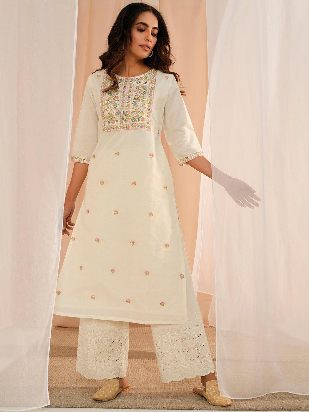 Off White Embroidered Cotton Straight Kurta - Libas