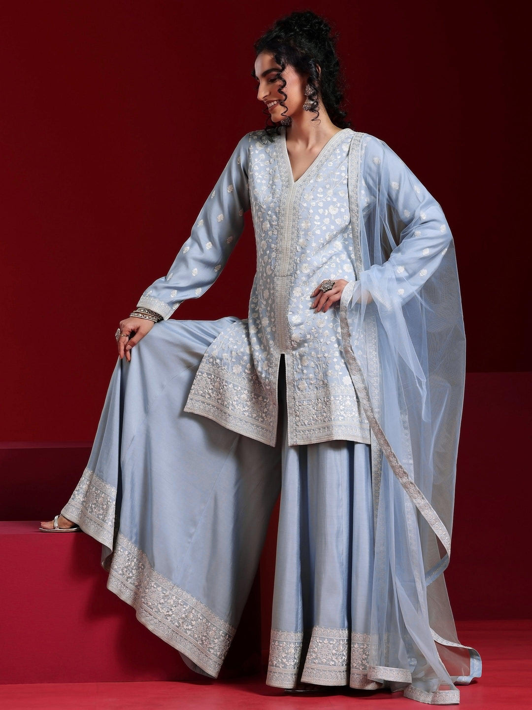 Libas Art Grey Embroidered Silk Blend Straight Suit With Dupatta - Libas 